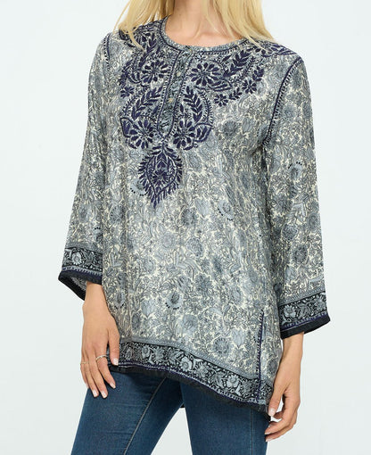 Midnight Floral Garden Embroidered Tunic Top