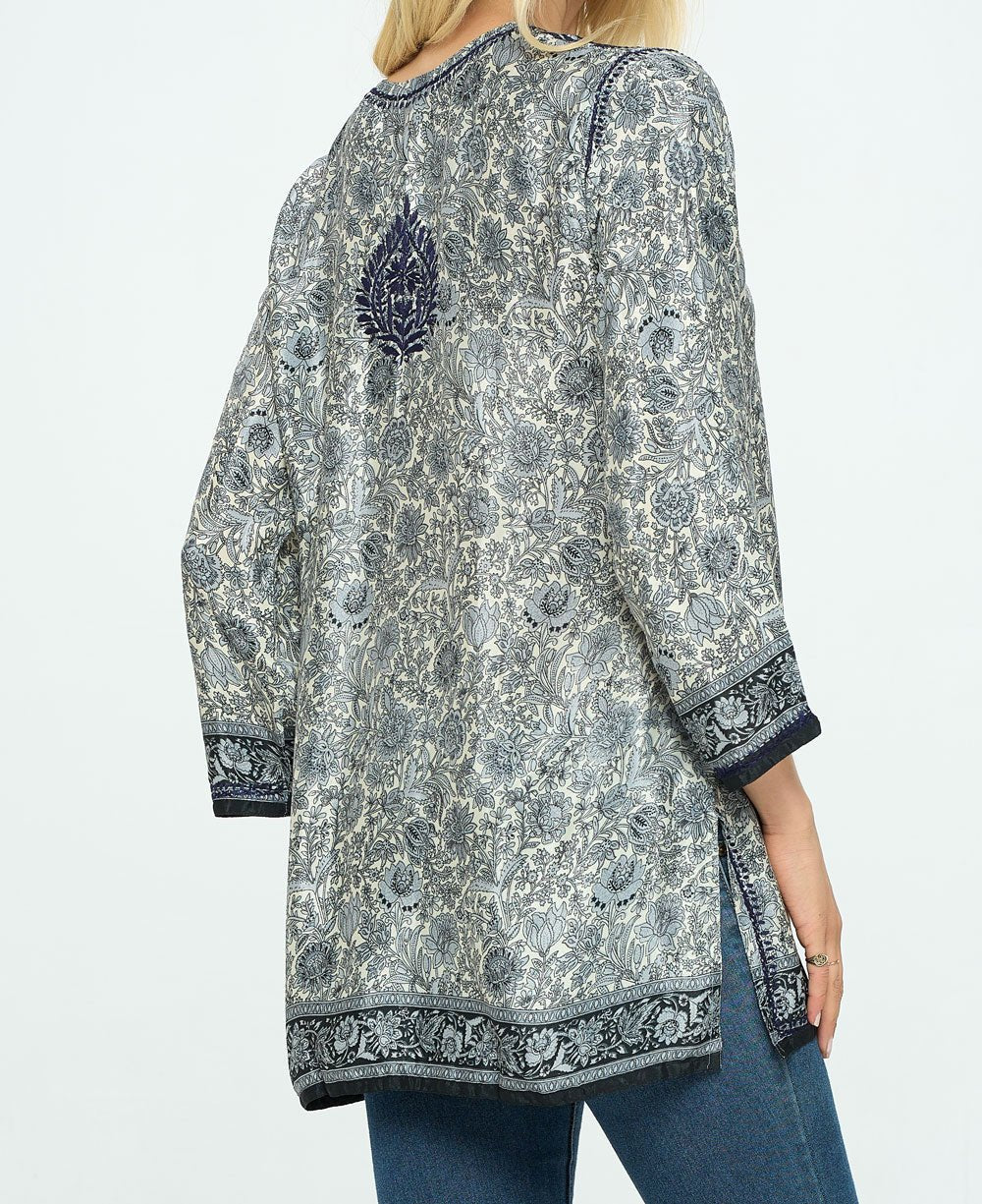 Midnight Floral Garden Embroidered Tunic Top