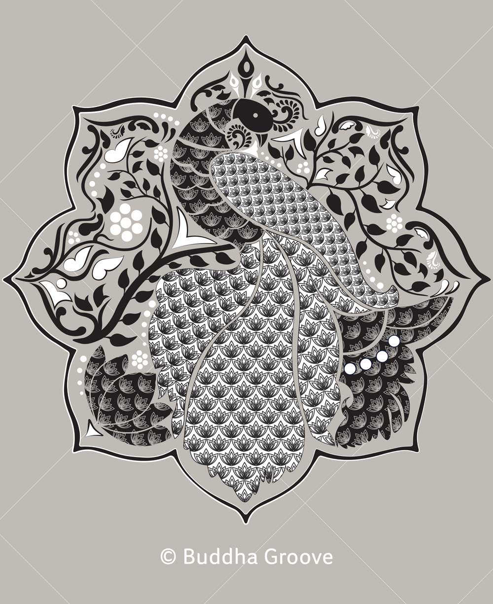 Peacock Lotus Mandala Grey and Black Cotton Tunic Top
