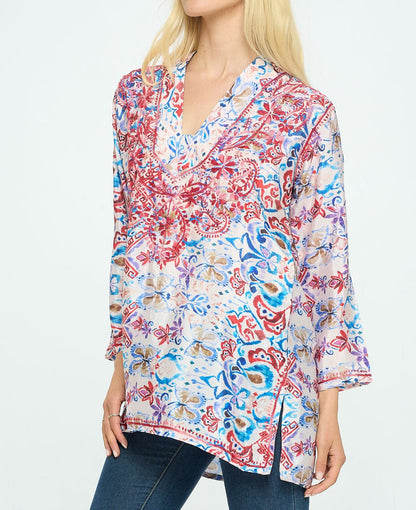 Red Embroidered Printed V Neck Tunic Top